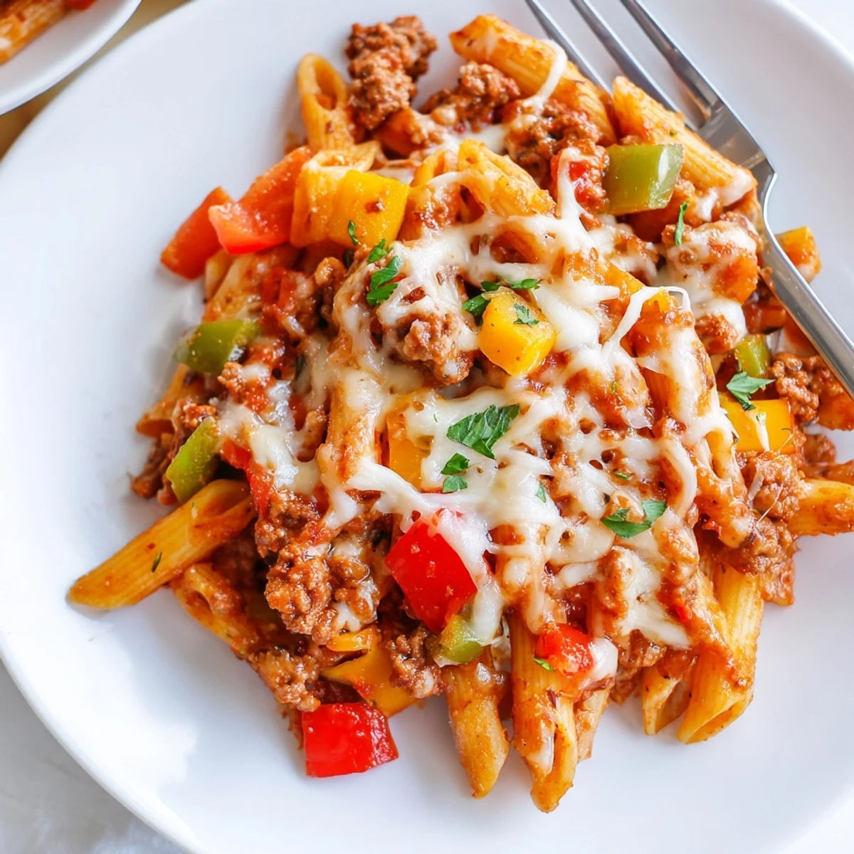 Savory Cheesy Stuffed Pepper Skillet Pasta served hot with chopped basil garnish