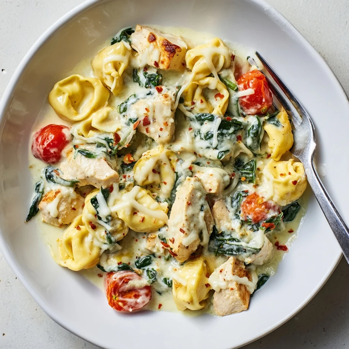 Bubbling, fork-ready Slow Cooker Tortellini Casserole With Cheesy Chicken Pesto