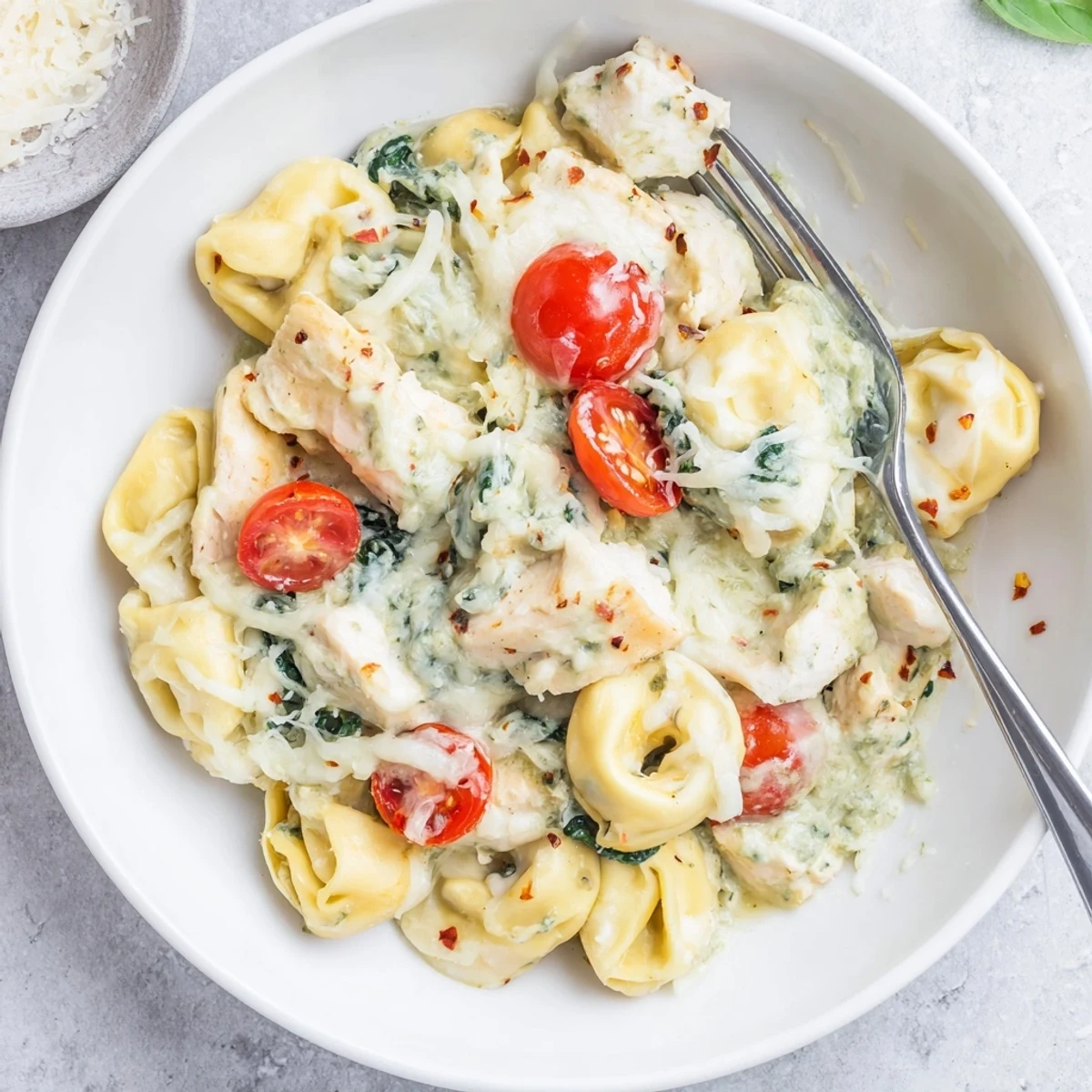 Slow Cooker Tortellini Casserole With Cheesy Chicken Pesto slow-simmered, tender chicken, vibrant pesto swirls