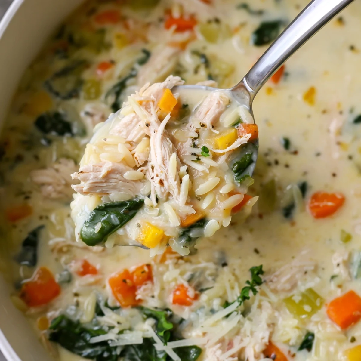 Bowl of Creamy Chicken Florentine Soup With Orzo served with crusty bread