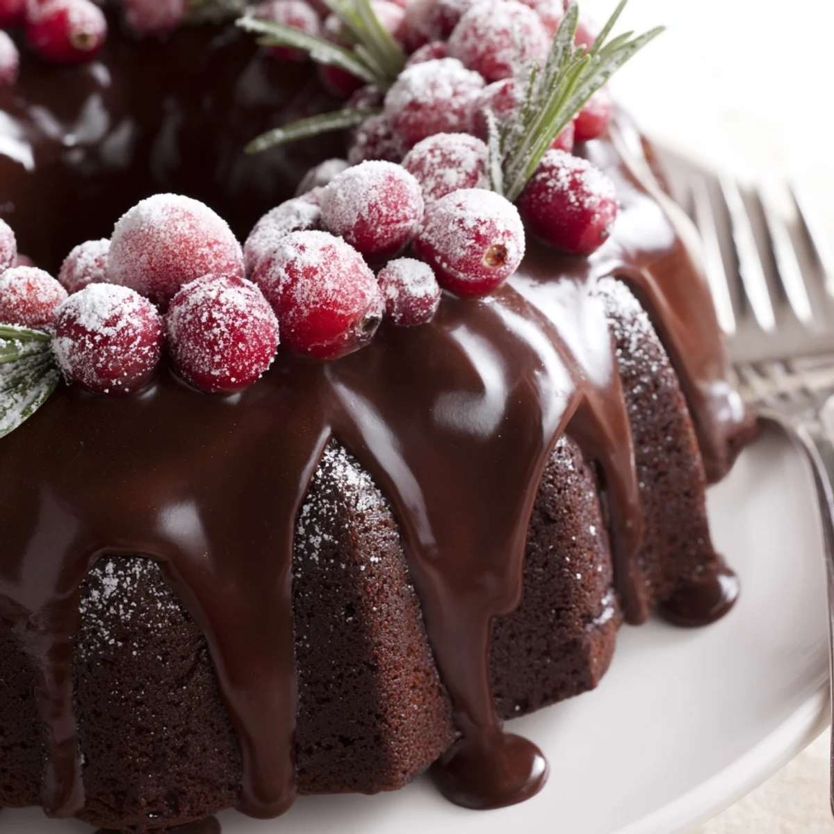 Chocolate Bundt Cake Christmas Wreath glazed with glossy chocolate, sugared cranberries, rosemary sprigs