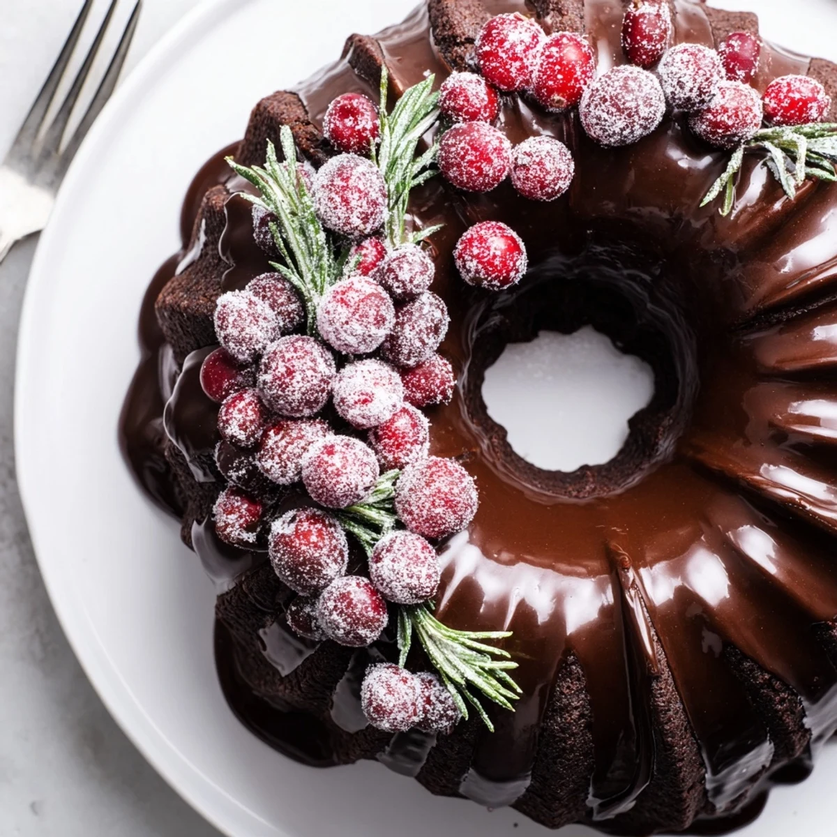 Chocolate Bundt Cake Christmas Wreath dusted with powdered sugar, sliced beside steaming hot cocoa