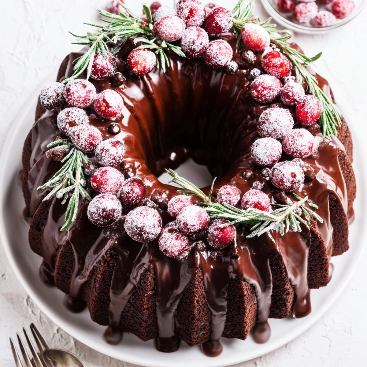 Chocolate Bundt Cake Christmas Wreath on a wire rack, rich aroma and oozy glaze