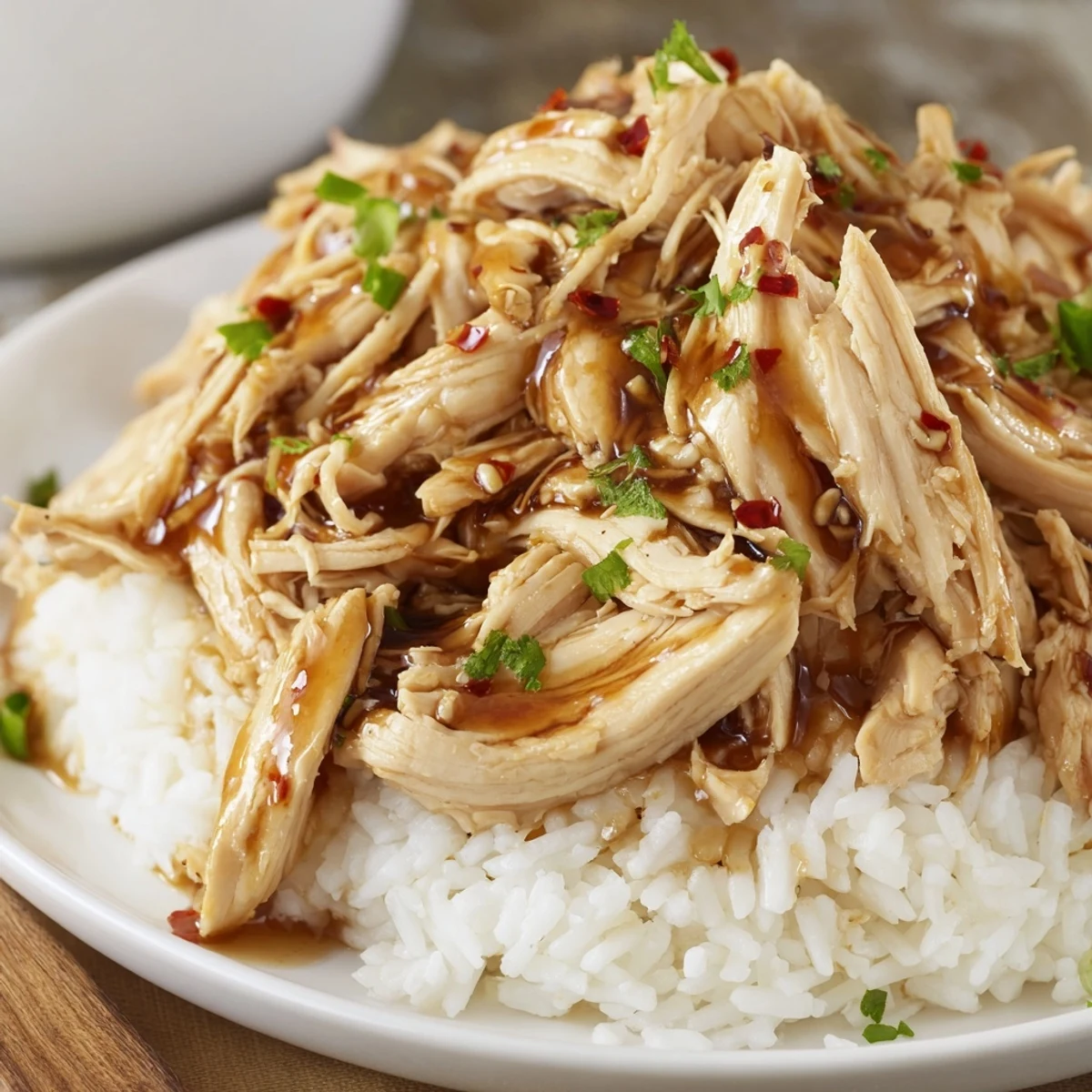 Crockpot Honey Garlic Chicken glazed, steaming over fluffy white rice, garnished with parsley