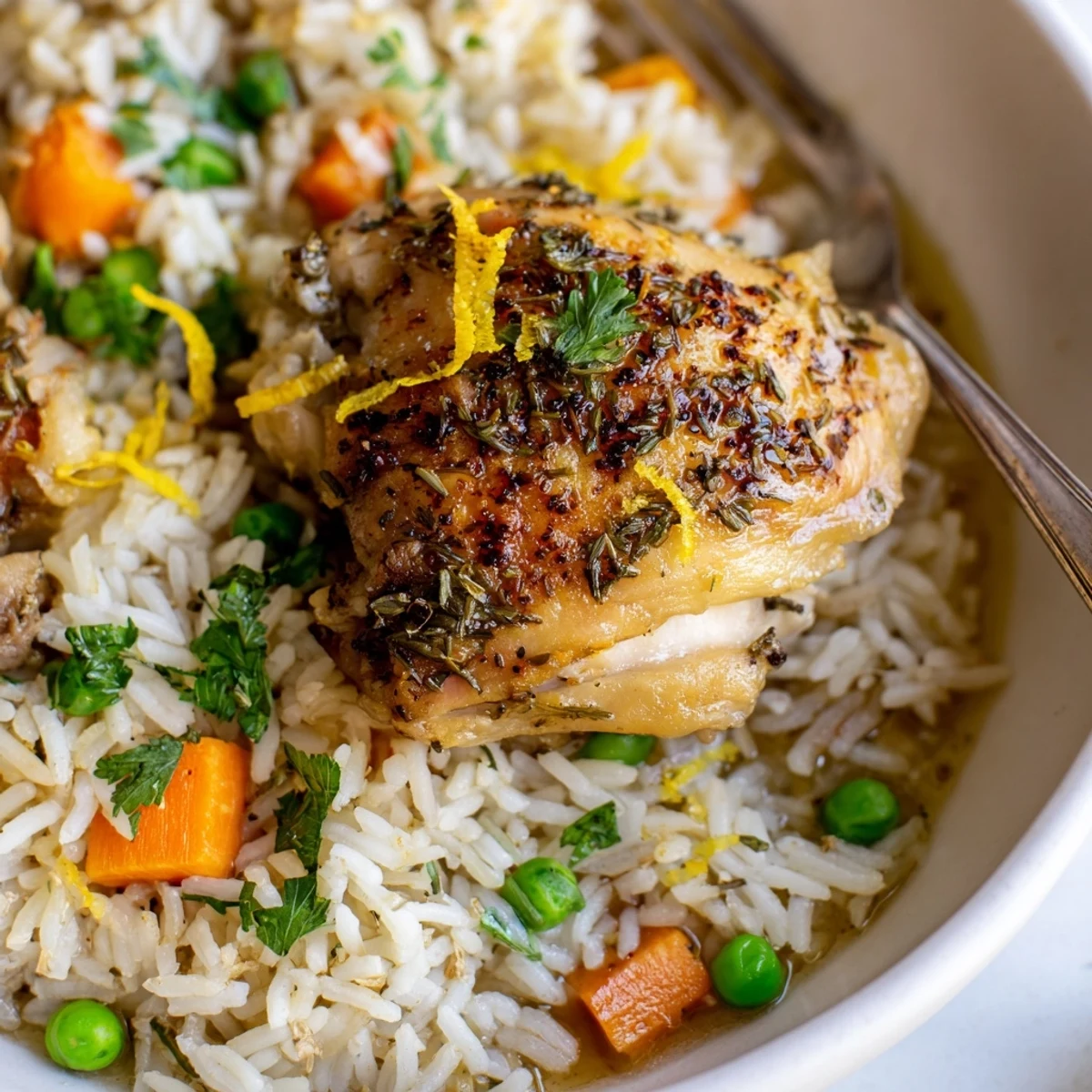 Slow Cooker Lemon Herb Chicken And Rice steaming in bowl, lemony aroma.