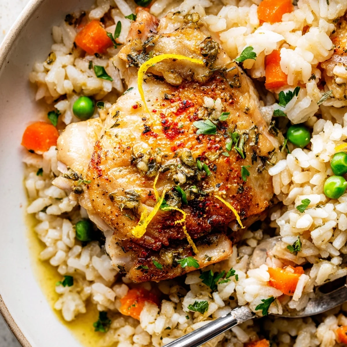 Hearty Slow Cooker Lemon Herb Chicken And Rice with tender thighs, fluffy rice.