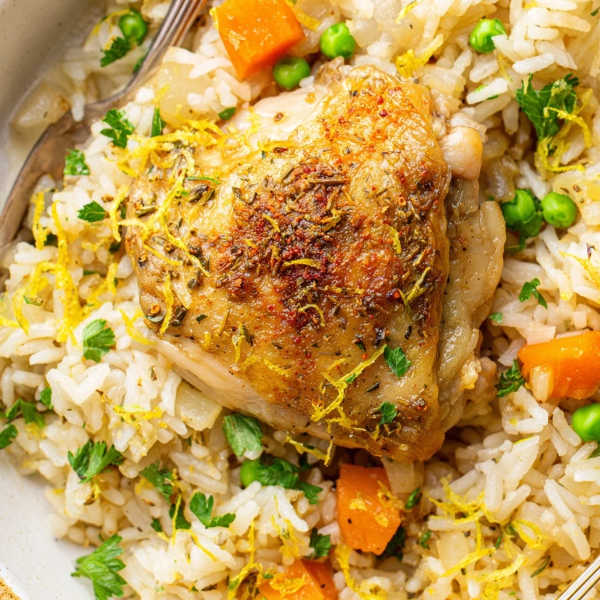 Family-style Slow Cooker Lemon Herb Chicken And Rice garnished with parsley, fork-ready.