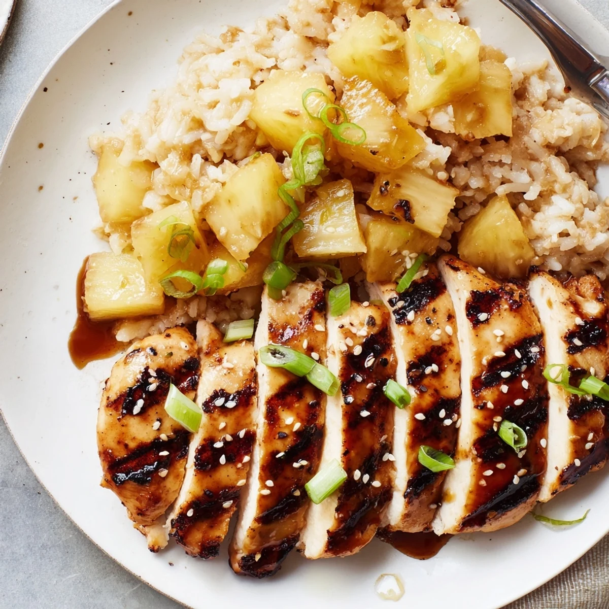 Hawaiian Chicken With Coconut Rice plated with glossy pineapple glaze and scallions