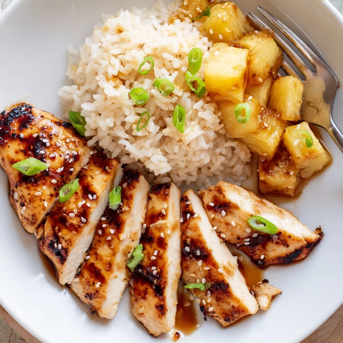 Sliced Hawaiian Chicken With Coconut Rice served beside charred pineapple and lime wedge