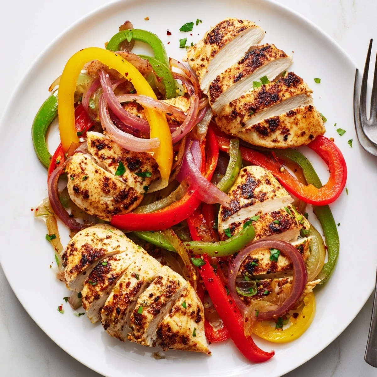 One Pan Chicken And Peppers with golden-seared breasts, colorful bell peppers, fragrant garlic