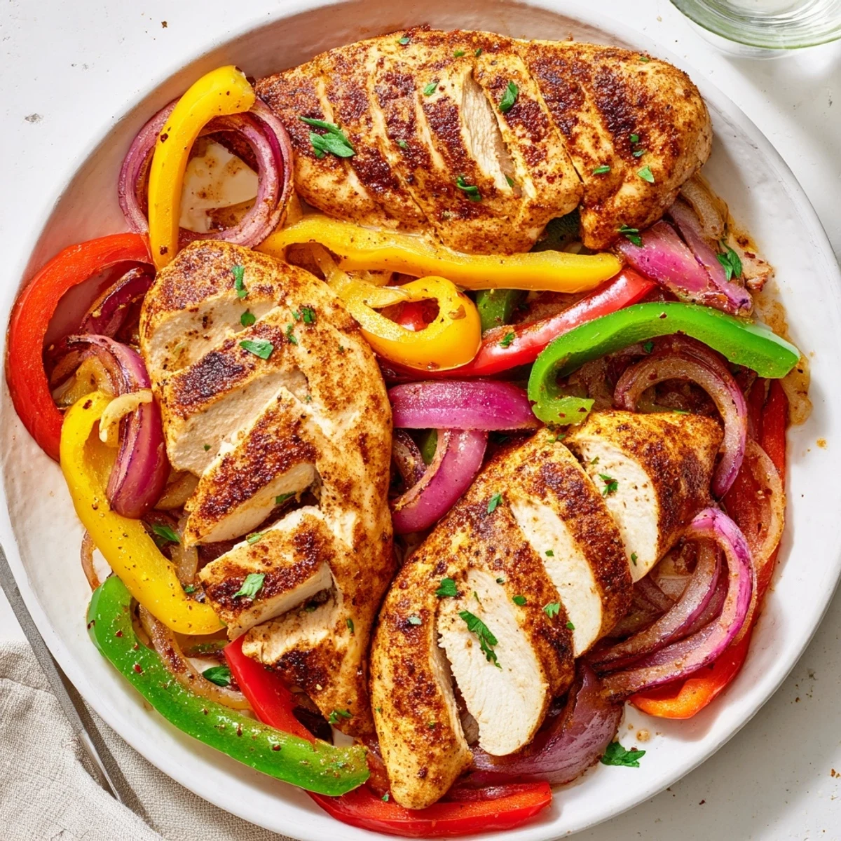 One Pan Chicken And Peppers sizzling in an oven-safe skillet, herbs and parsley
