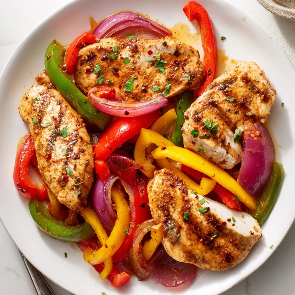 One Pan Chicken And Peppers served hot over rice, juicy chicken and tender peppers