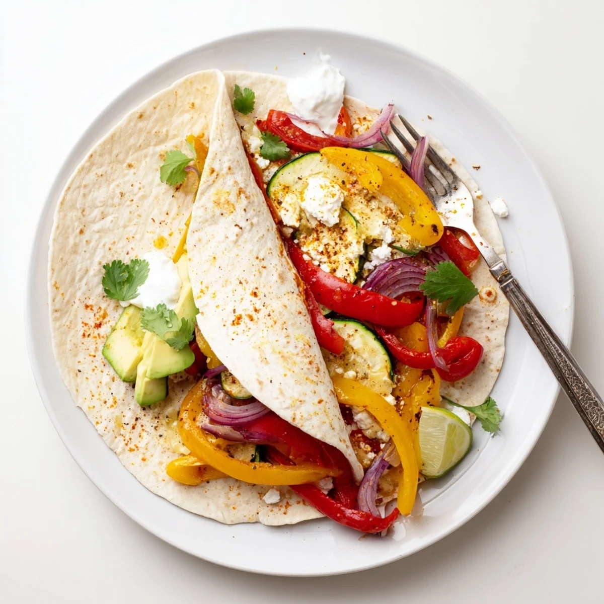 Tajin Feta Sheet Pan Fajitas roasted, vibrant peppers, melted feta, lime wedge.