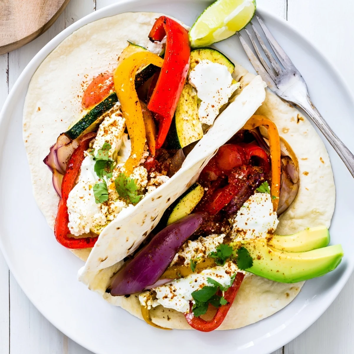 Citrus-spritzed Tajin Feta Sheet Pan Fajitas piled in soft tortillas.