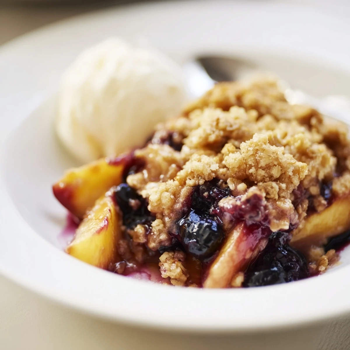 Blueberry Peach Crumble bubbling in a golden baking dish, warm and juicy