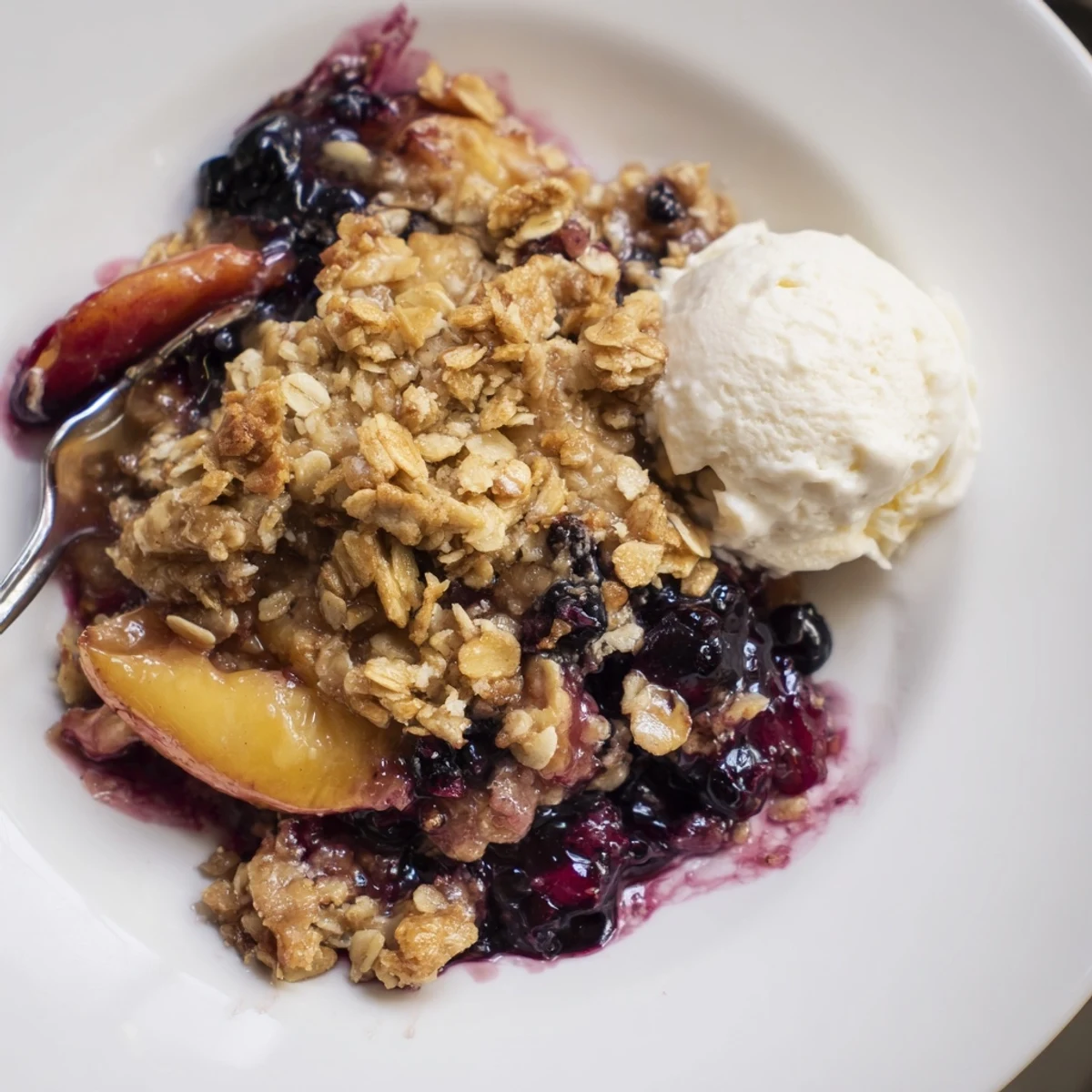 Slice of Blueberry Peach Crumble served warm with melting vanilla ice cream