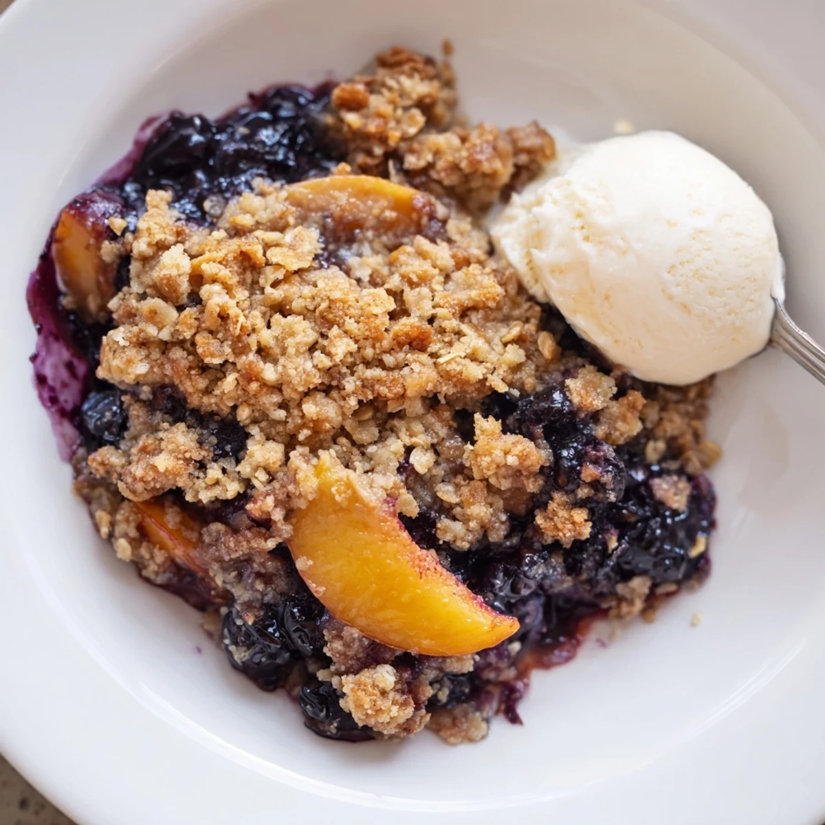 Hearty Blueberry Peach Crumble topped with crunchy oat streusel, cinnamon-scented and golden