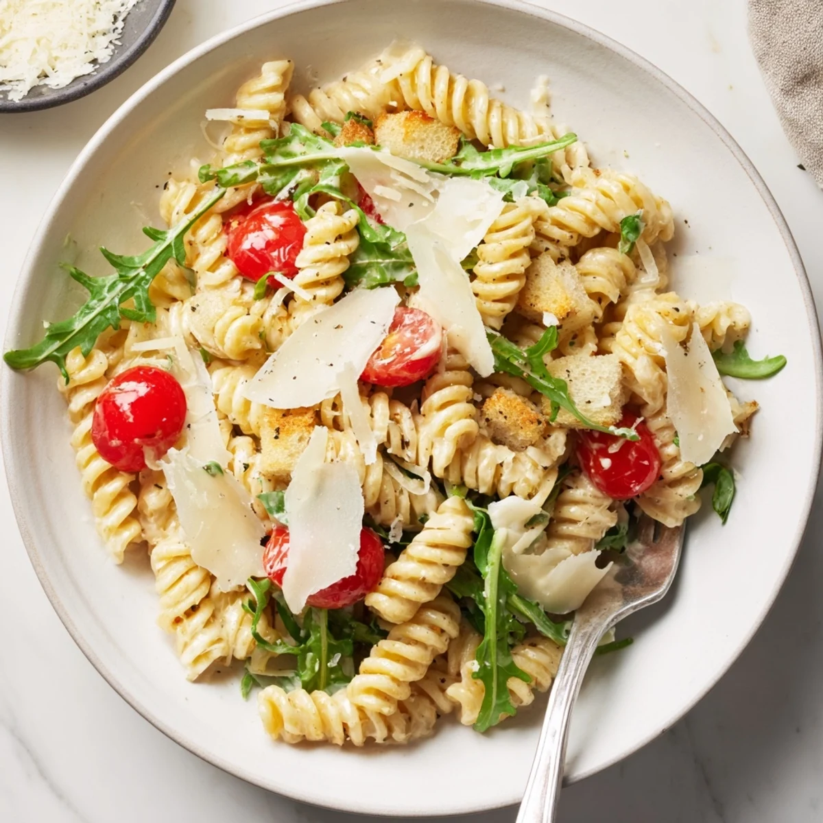 Arugula Pasta Caesar Salad piled on plate, peppery greens and creamy dressing