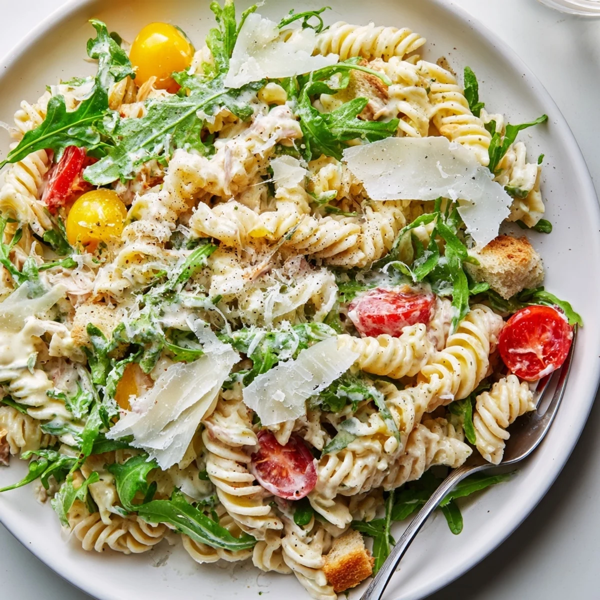 Bright bowl of Arugula Pasta Caesar Salad with cherry tomatoes, shaved Parmesan