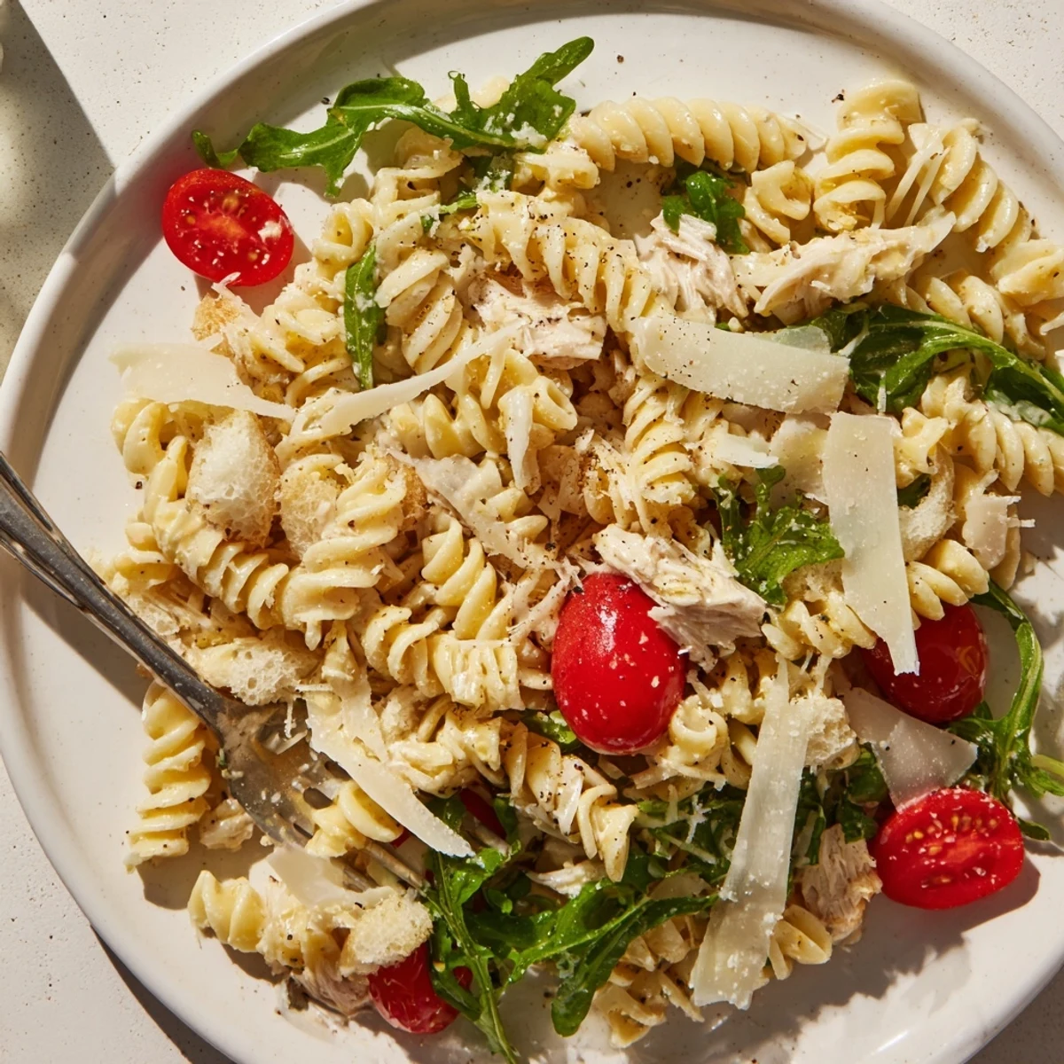 Served warm or chilled, Arugula Pasta Caesar Salad topped with crunchy croutons