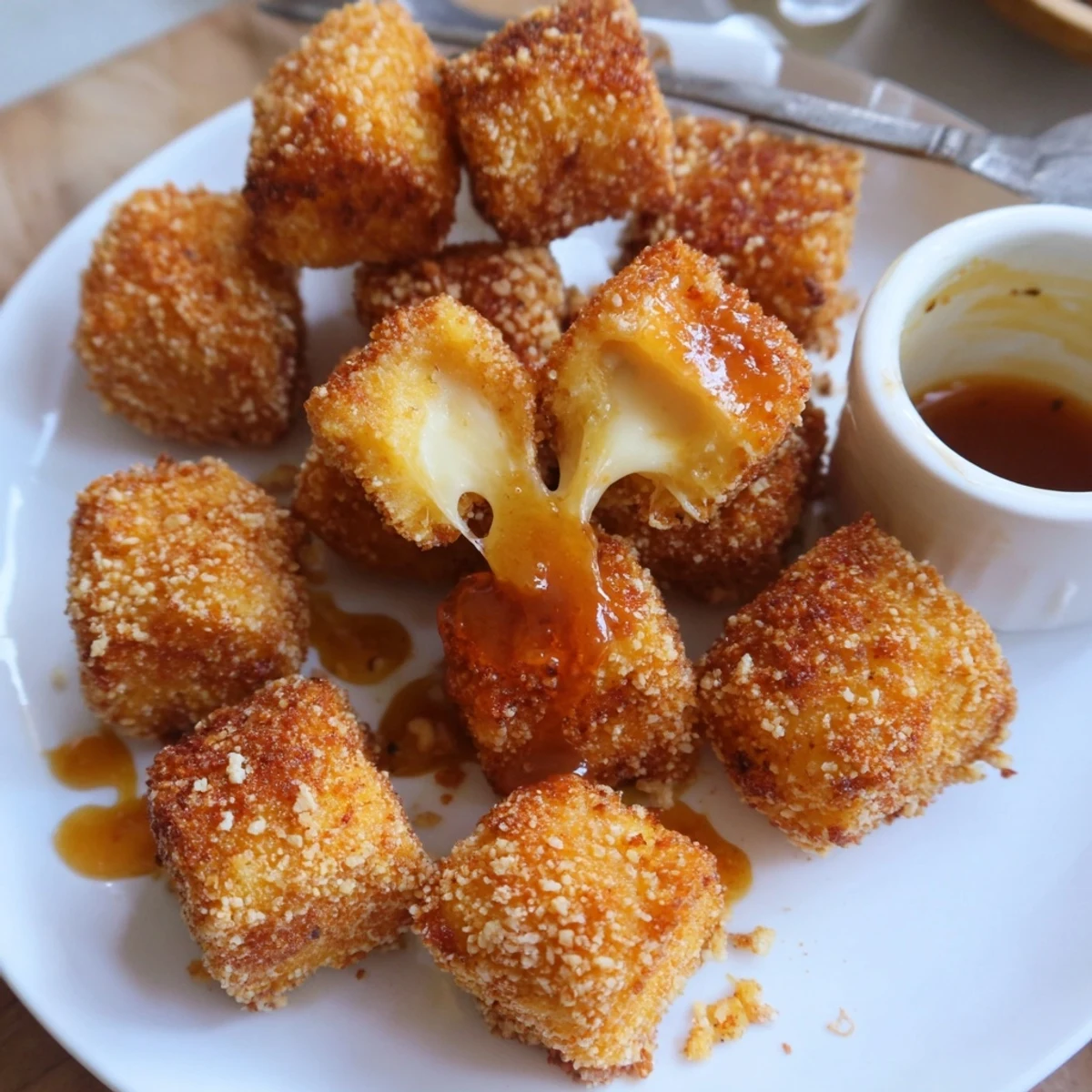 Irresistible Crispy Mozzarella Poppers With Maple Glaze glistening, golden crust and gooey center