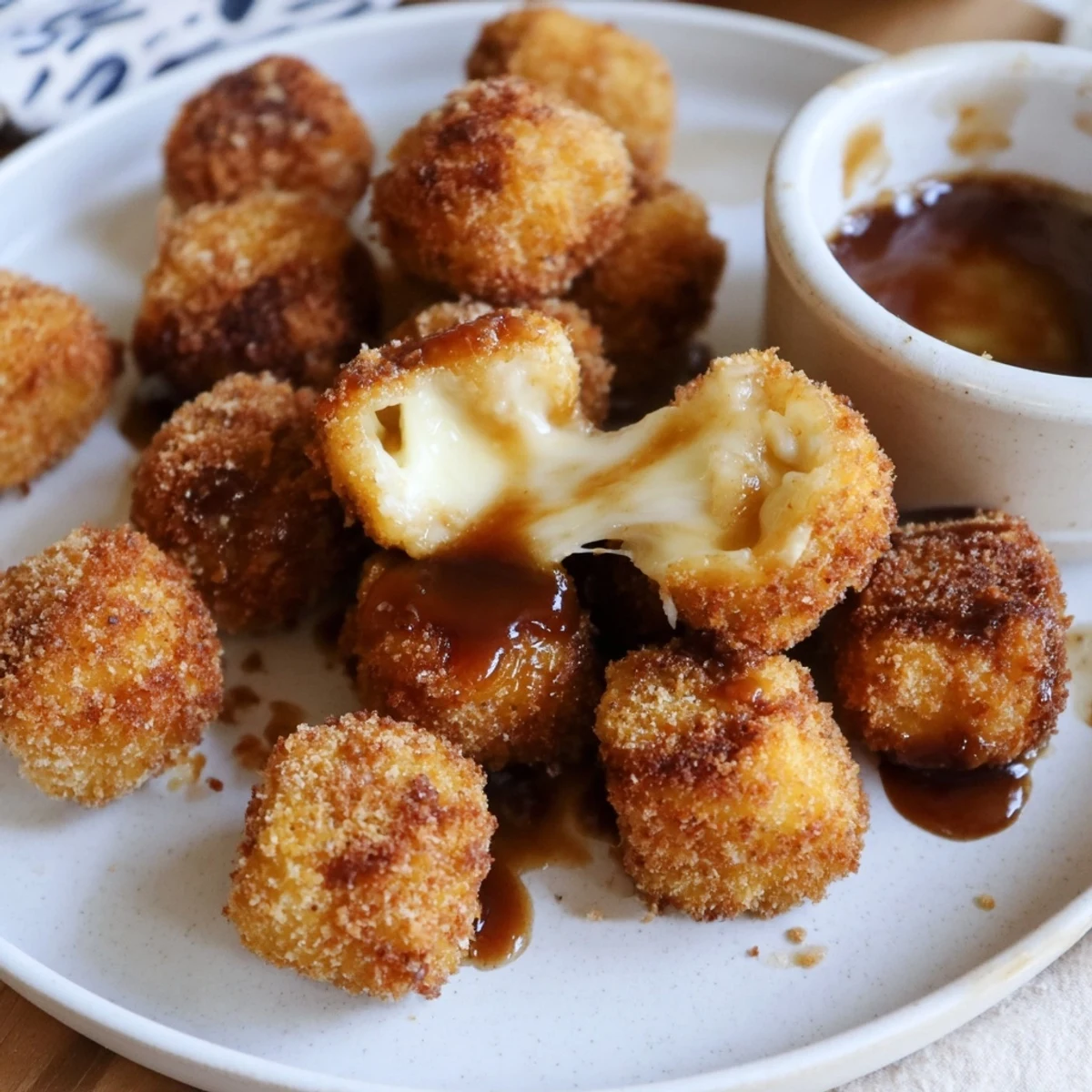 Gooey cheese pulling from golden bites of Irresistible Crispy Mozzarella Poppers With Maple Glaze