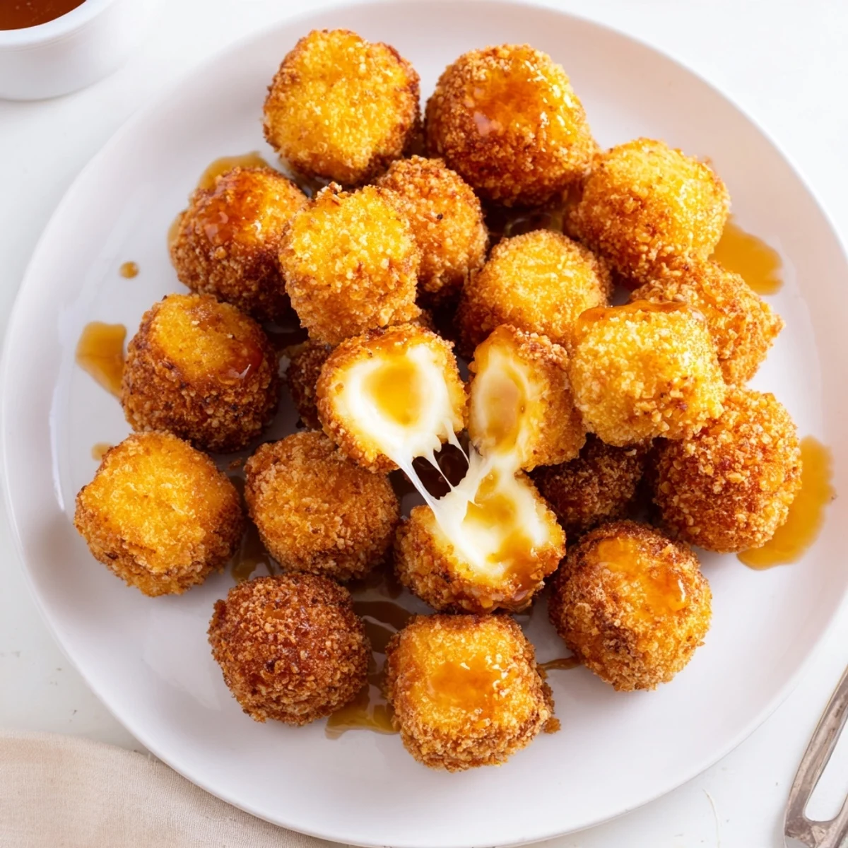 Plate of Irresistible Crispy Mozzarella Poppers With Maple Glaze drizzled warm, ready to share