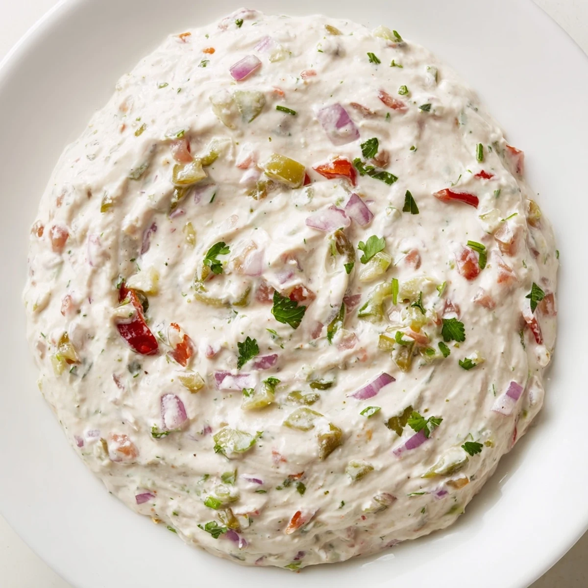 Close-up of velvety Grillos Pickle De Gallo Ranch Dip showcasing vibrant pickle pieces and juicy tomato flecks mixed into the rich, herbed cream sauce