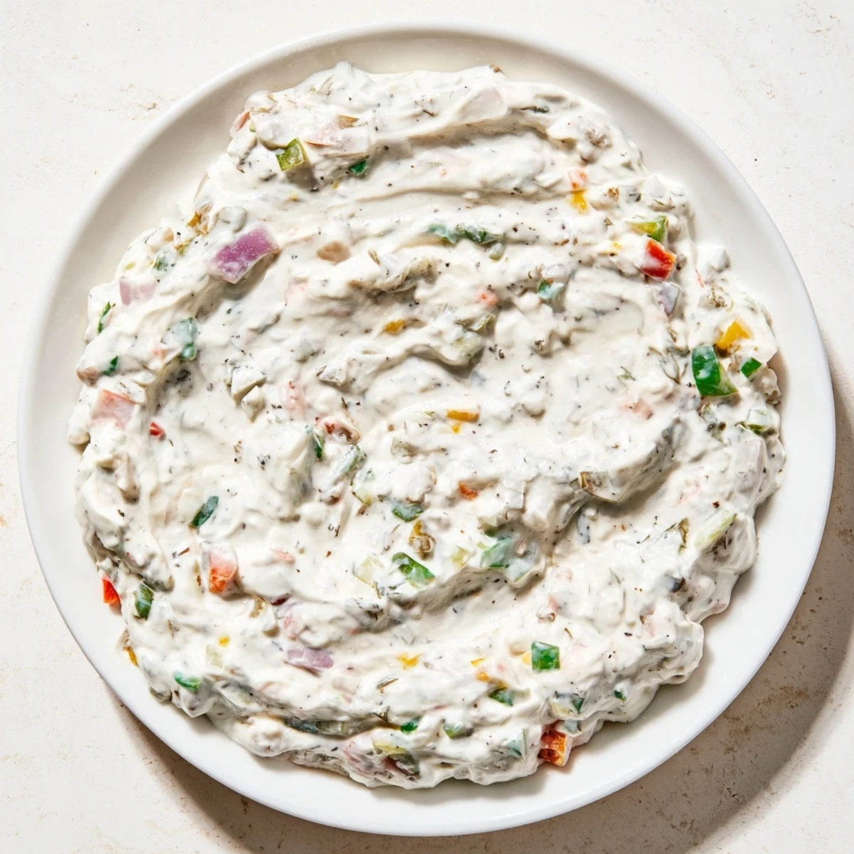 Thick and tangy Grillos Pickle De Gallo Ranch Dip topped with fresh diced green onions, surrounded by crispy tortilla chips for dipping on a wooden serving board
