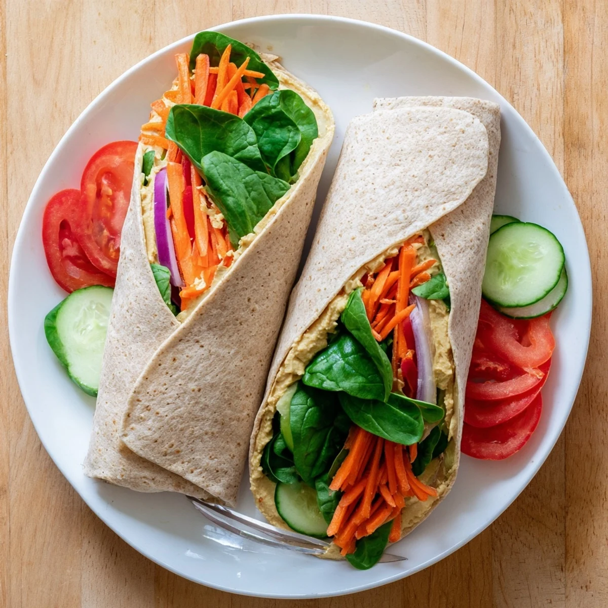 Mediterranean-style hummus veggie wrap recipe filled with spinach carrots cucumbers peppers and creamy spread inside tortilla