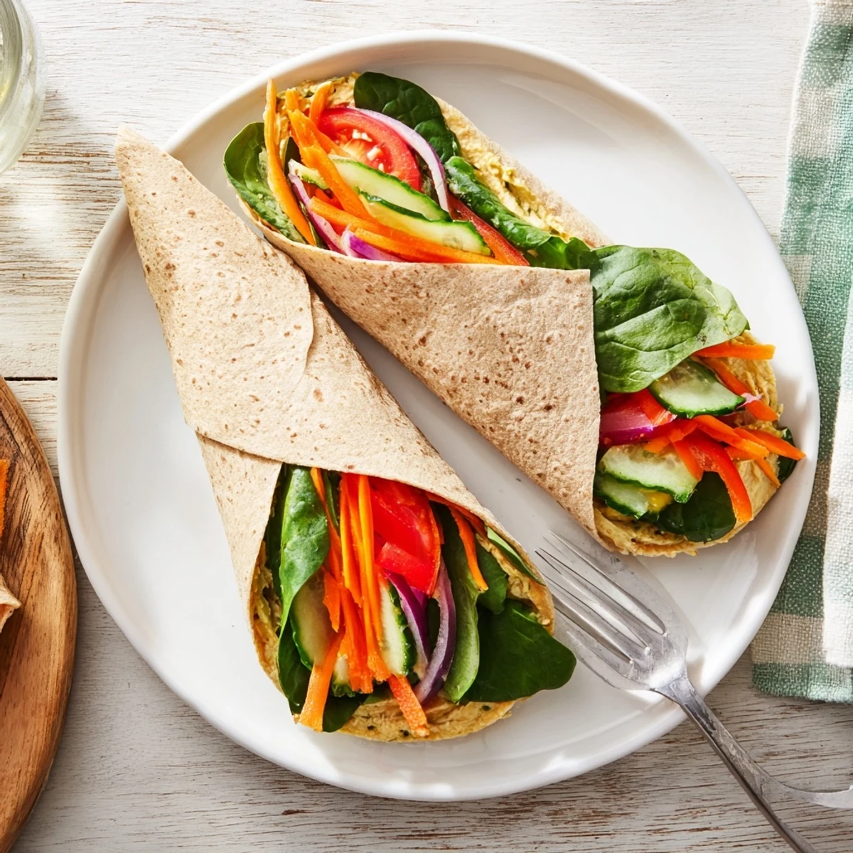 Golden brown whole wheat hummus veggie wrap sliced diagonally revealing colorful layers of fresh crisp vegetables