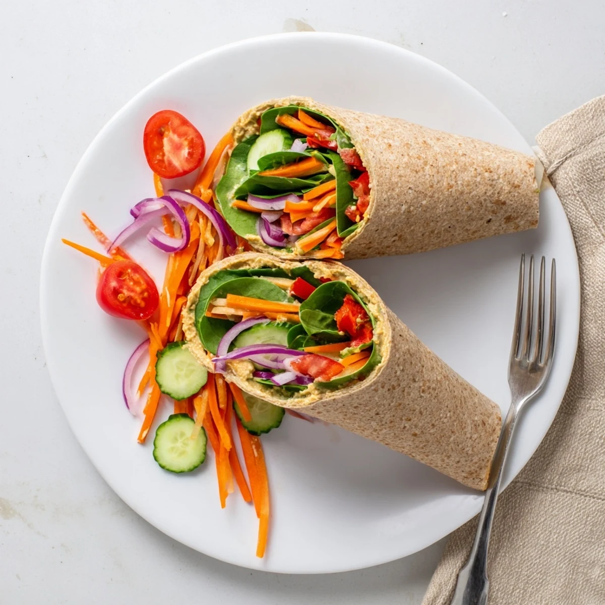 Close-up of healthy hummus veggie wrap recipe showing cross section with vibrant rainbow vegetables and soft tortilla