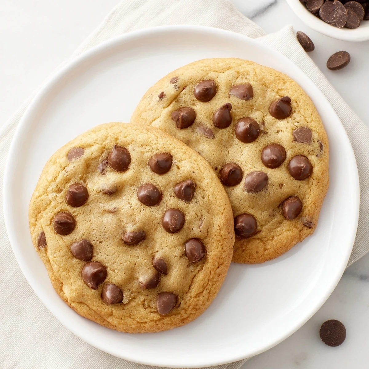 Batch of warm chewy chocolate chip cookies stacked on a white serving plate