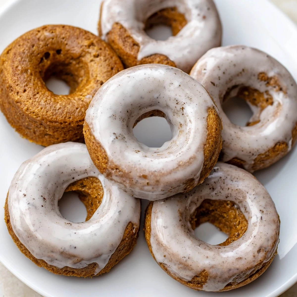 Golden banana bread donuts topped with sweet vanilla glaze on a white plate