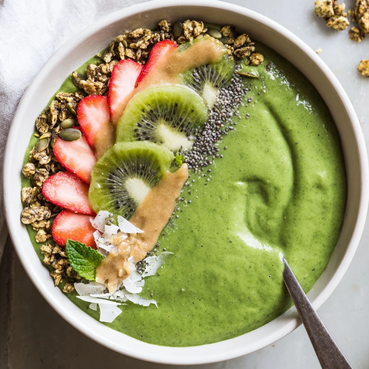 Creamy Green Smoothie Bowls garnished with kiwi, granola, and mint