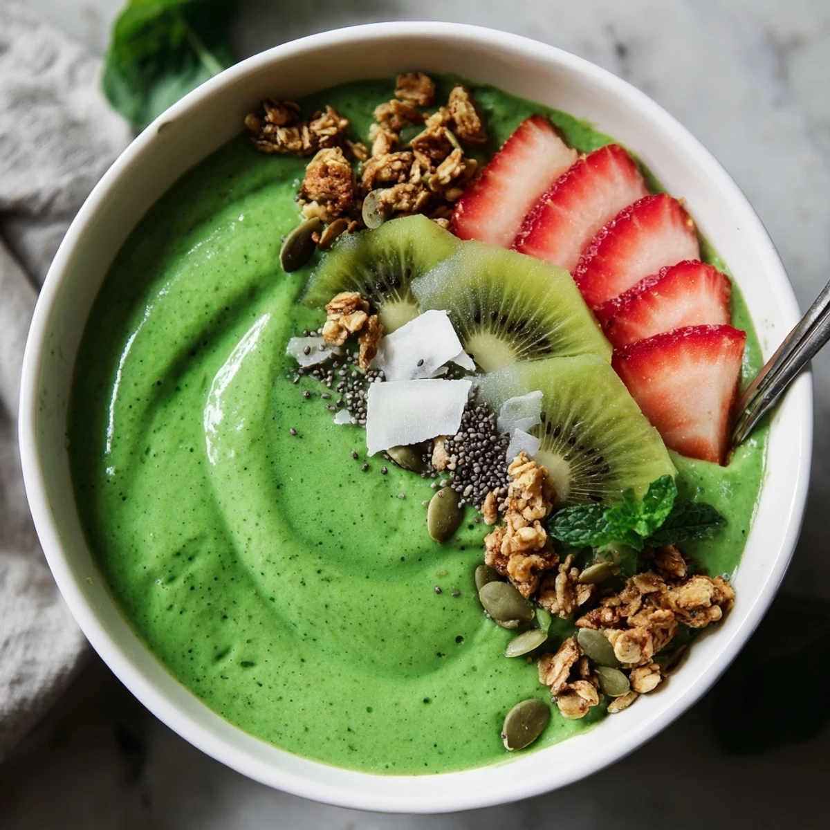Green Smoothie Bowls served in white bowls, vibrant base, spoon beside