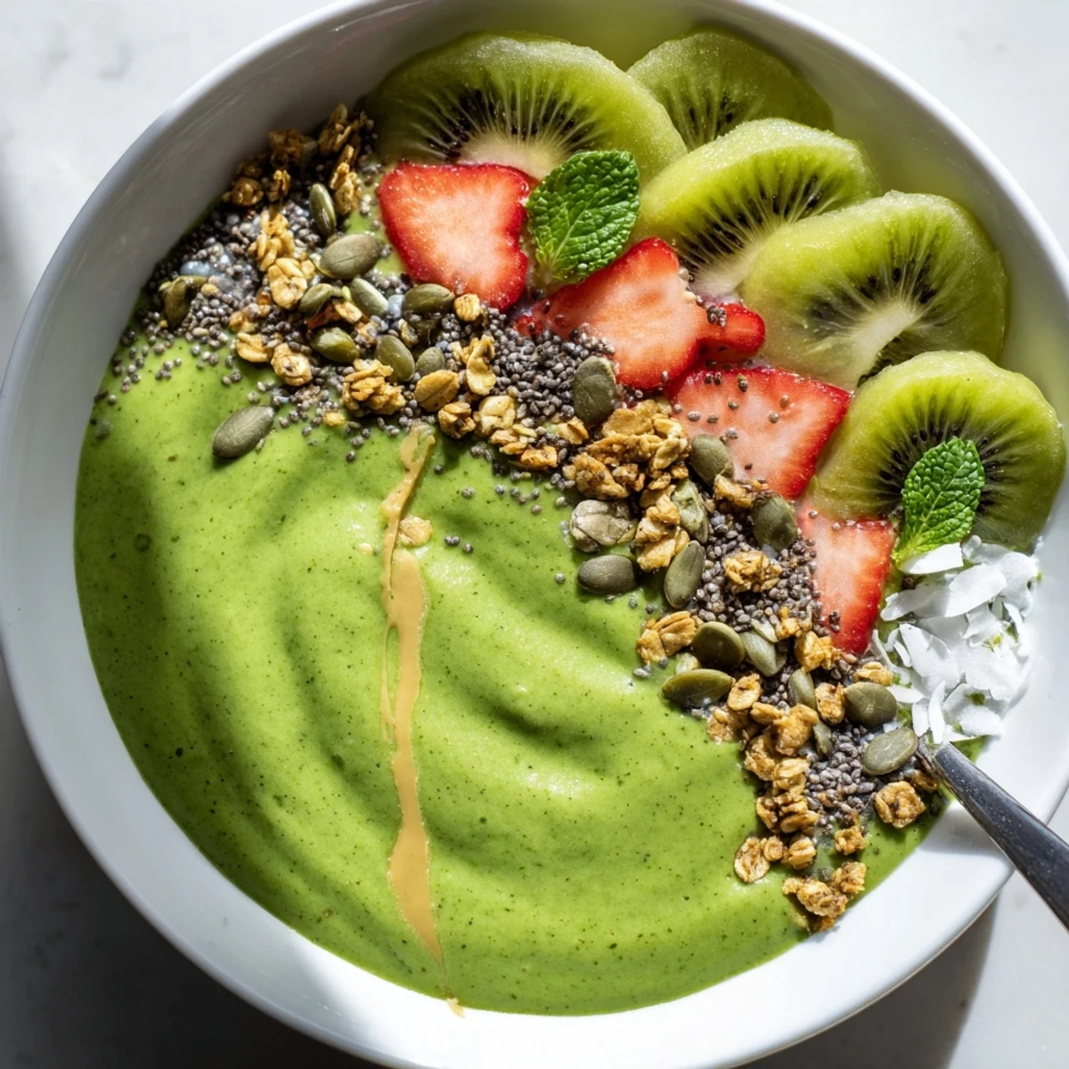 Thick Green Smoothie Bowls sprinkled with pumpkin seeds, crunchy coconut flakes