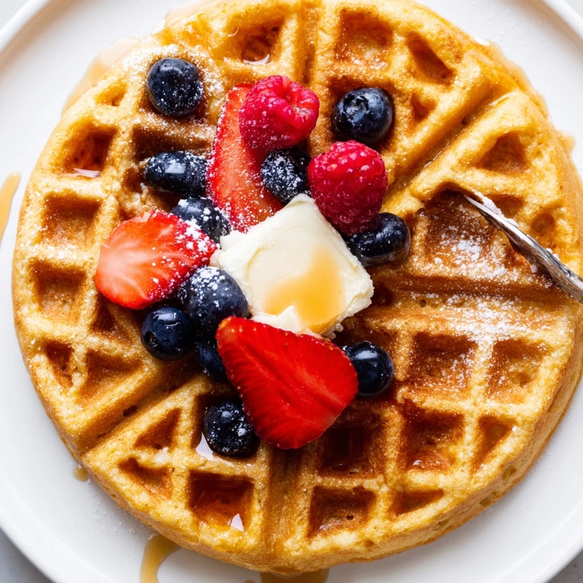 Warm Almond Flour Waffles With Berries topped with maple syrup and powdered sugar