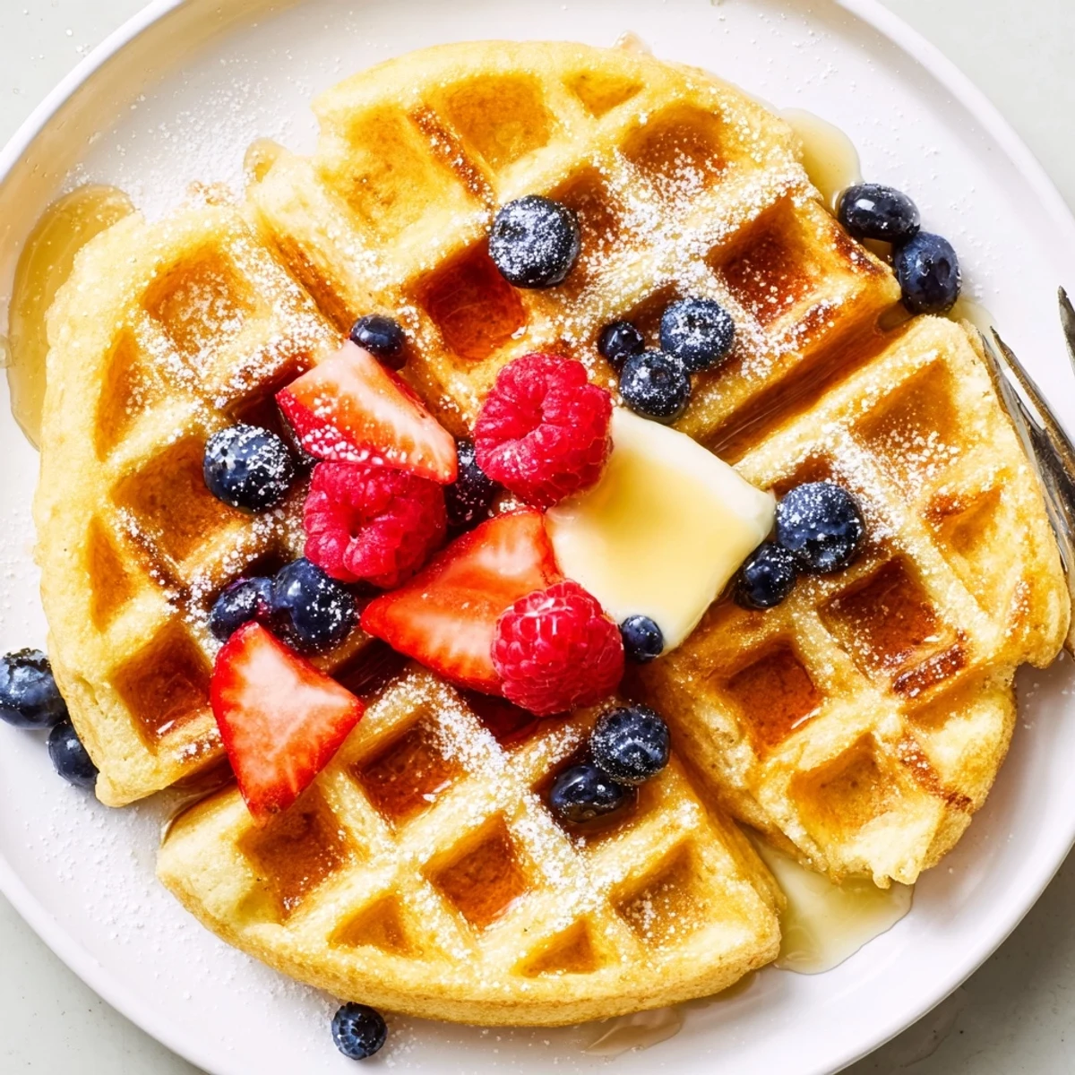 Crispy golden Almond Flour Waffles With Berries served on a brunch plate