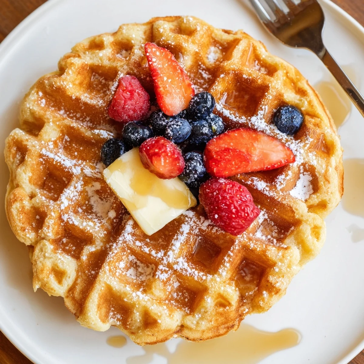 Freshly plated Almond Flour Waffles With Berries emitting warm vanilla and butter aroma