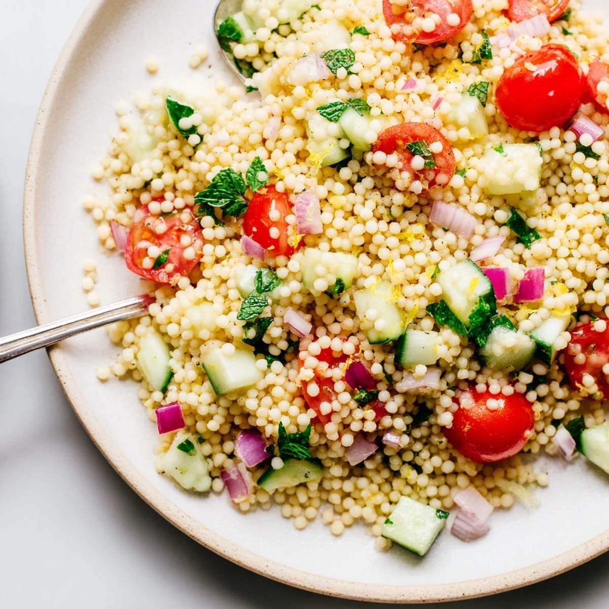 Cucumber Lemon Couscous Salad glistening with lemon dressing and fresh herbs