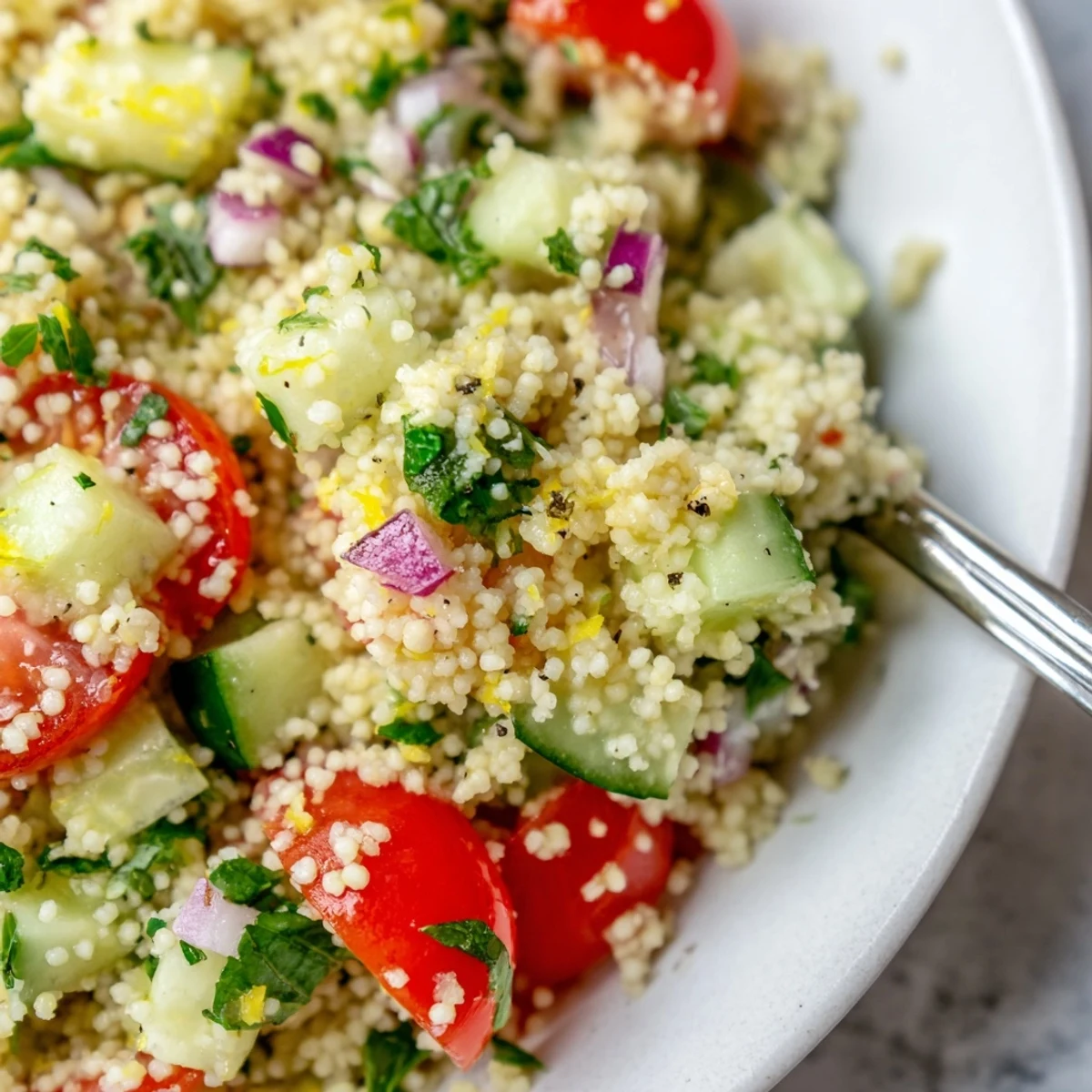 Bright bowl of Cucumber Lemon Couscous Salad topped with chopped mint