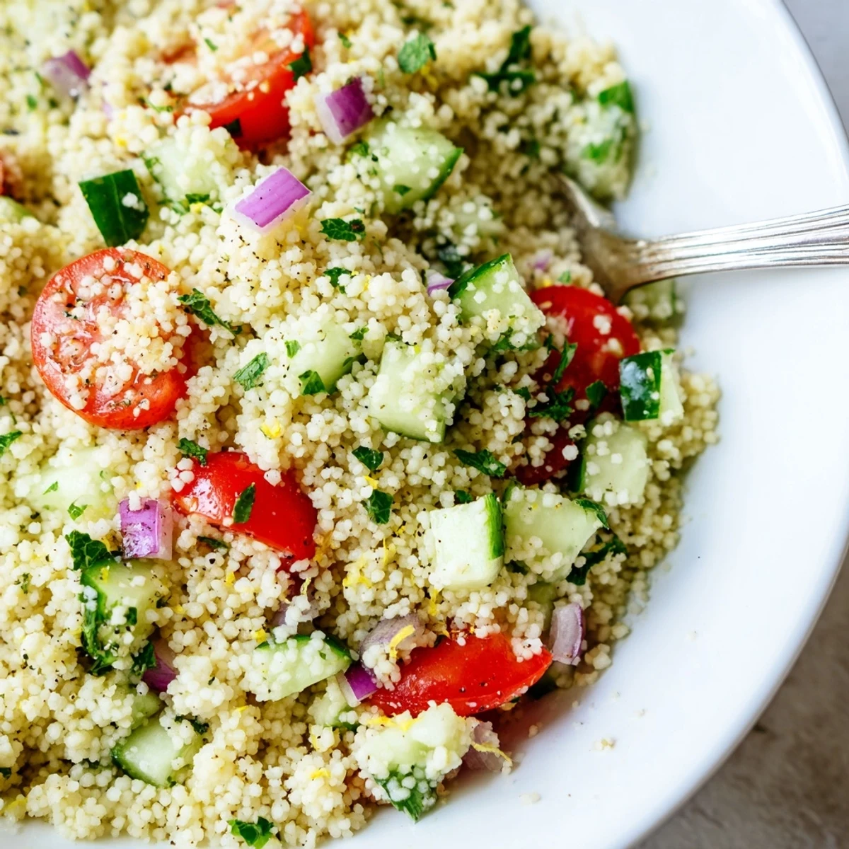 Aromatic Cucumber Lemon Couscous Salad with fluffy grains and crisp cucumber