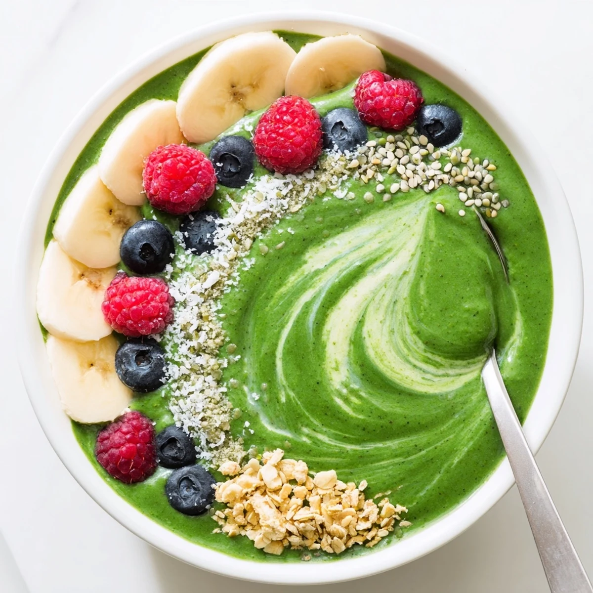 Green Smoothie Bowl with spirulina, banana slices, hemp seeds, creamy spinach base.