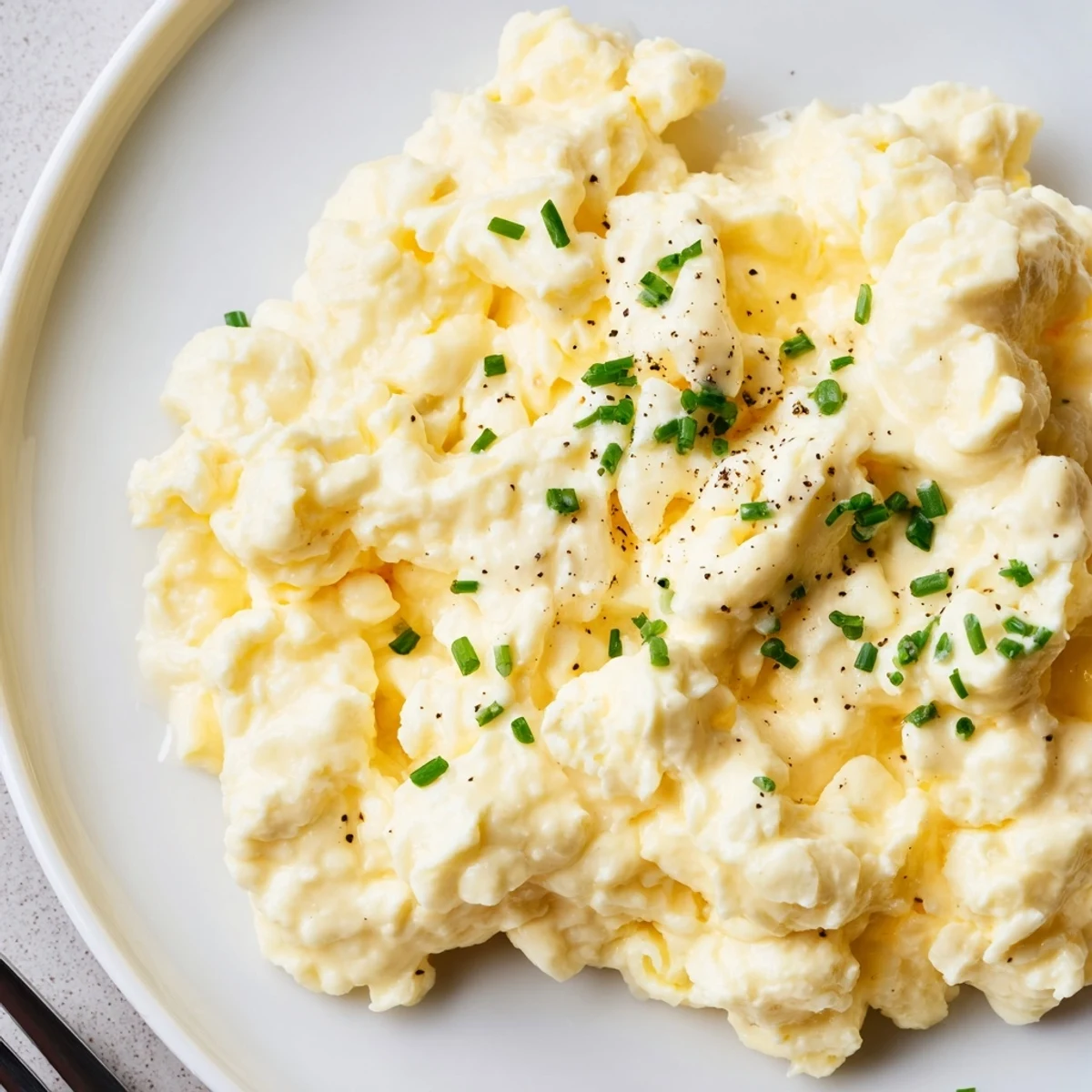 Plate of Cottage Cheese Scrambled Eggs with Chives beside toasted sourdough, fluffy and buttery