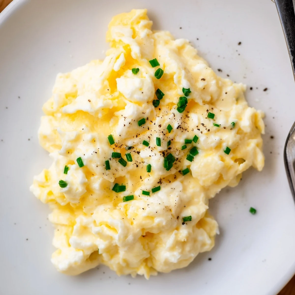 Cottage Cheese Scrambled Eggs with Chives, creamy golden curds garnished with fresh herbs