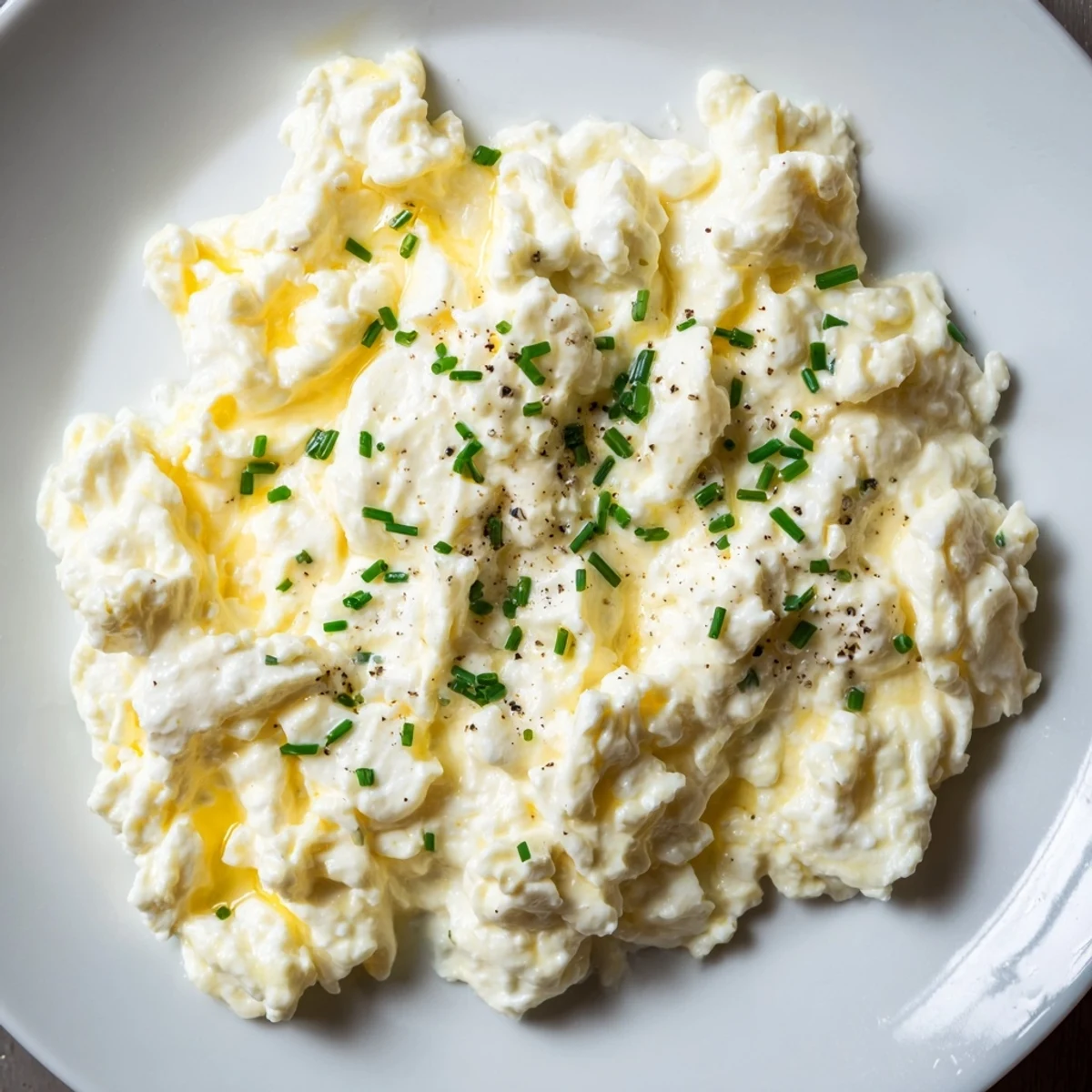 Warm skillet Cottage Cheese Scrambled Eggs with Chives, soft, creamy curds and fragrant herbs