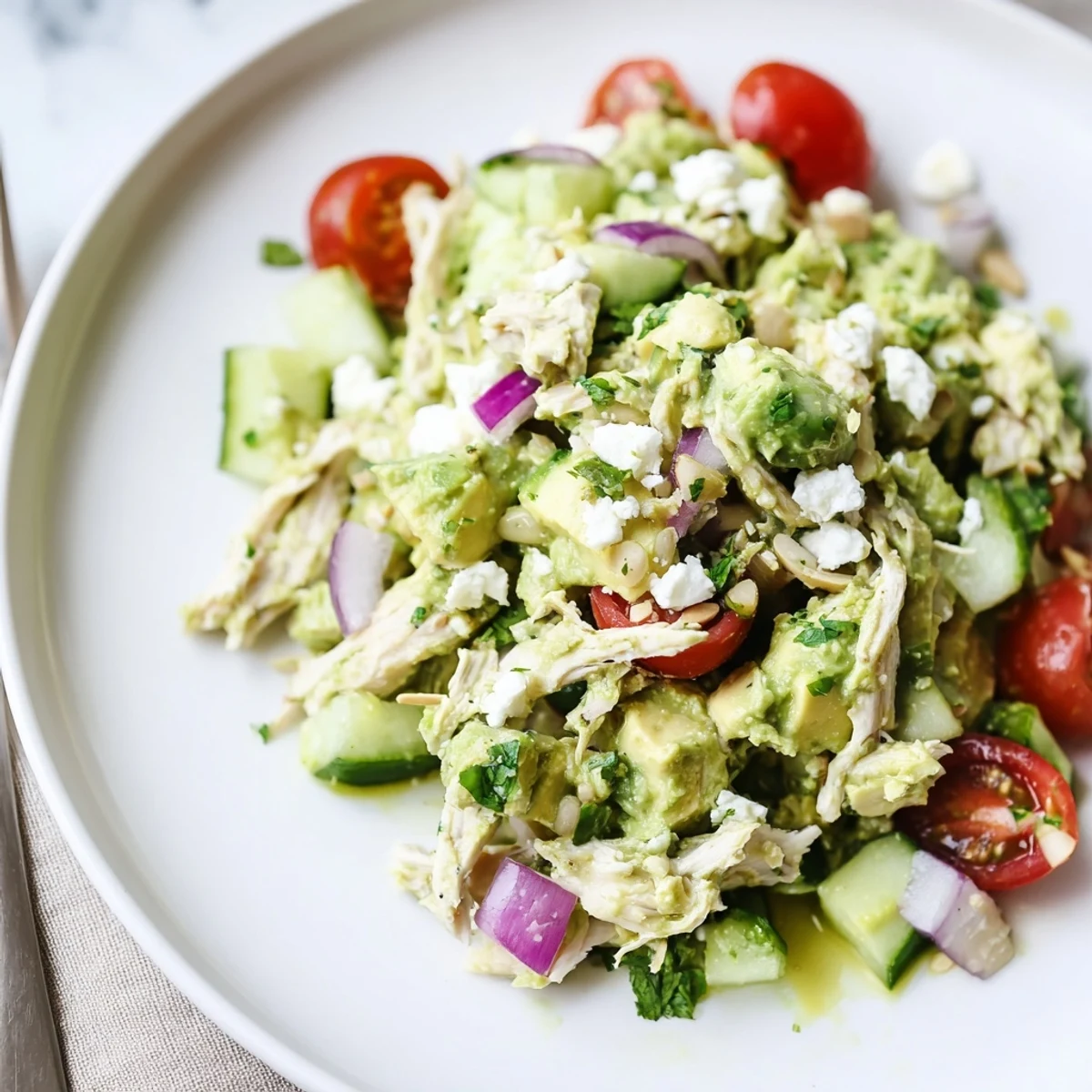 Creamy Avocado Chicken Salad with tender chicken, bright tomatoes, zesty lime.