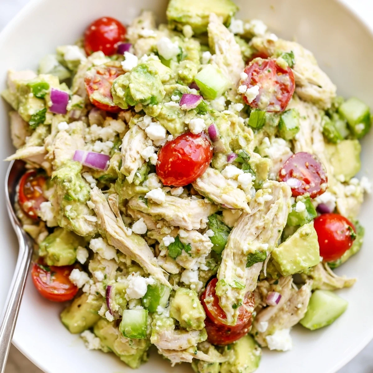 Chilled Avocado Chicken Salad tossed with cucumber, red onion, cilantro garnish.