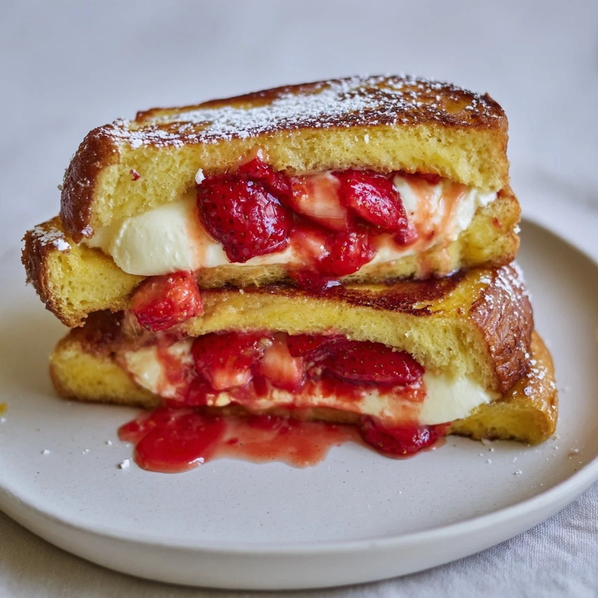 Cream Cheese Stuffed French Toast With Strawberry Drizzle, golden slices oozing creamy filling  